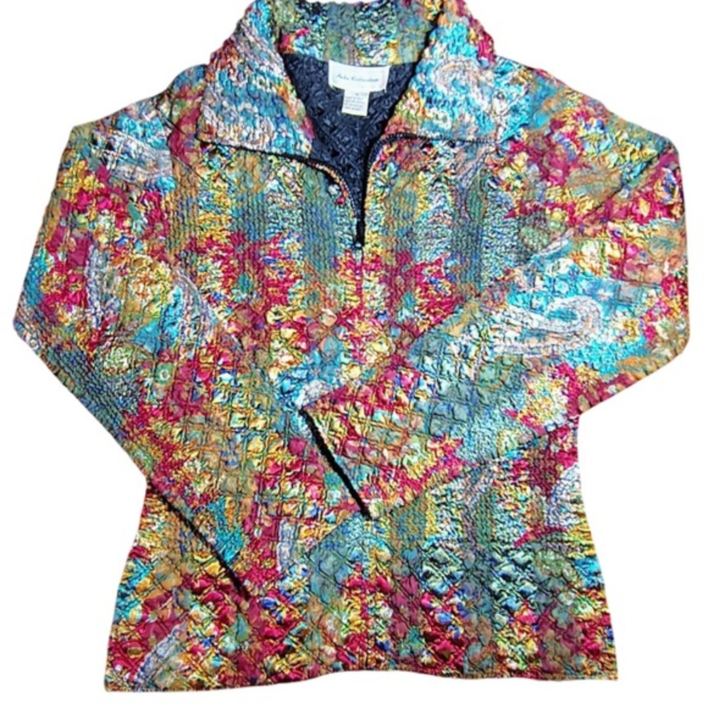Multicolor Textured Zip‎ Front Jacket Med colorful artsy boho spring garden